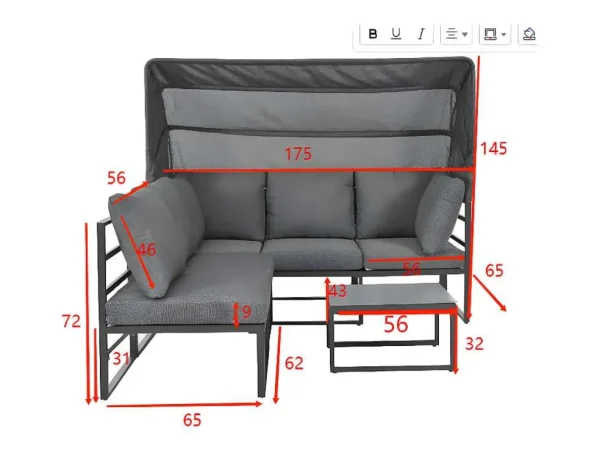 Sale Multifunctioneel Ijzeren Tuinmeubel - Loungebank Met Verstelbare Luifel - 5 Zitplaatsen En 1 Salontafel - Grijs Loungeset