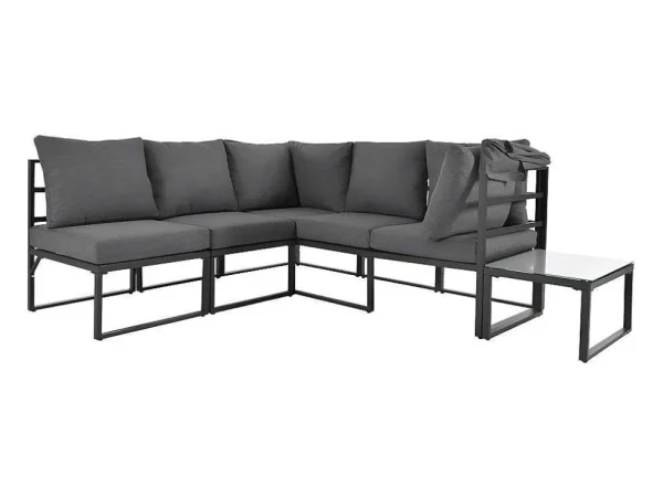 Sale Multifunctioneel Ijzeren Tuinmeubel - Loungebank Met Verstelbare Luifel - 5 Zitplaatsen En 1 Salontafel - Grijs Loungeset