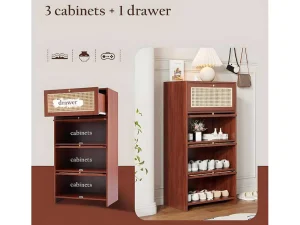 Best Sale Multifunctioneel Rotan Opbergmeubel - 1 Lade En 3 Vakken - Bruin Schoenenkast