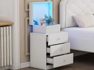 Best Sale Nachtkastje Met Led In 16 Kleuren - 3 Laden En 1 Ladekast - Stof Kunstleer - Wit Nachtkastje