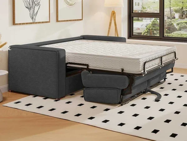 Outlet Omkeerbare Driezits-Express-Slaapbank Van Antracietkleurig Ribfluweel - Bed 140 Cm - Matras 22 Cm Loreto Slaapbank Met Matras