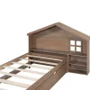 New Onderschuifbed Voor Kinderen - 90X200Cm - Hoofdeinde In Huisvorm - Massief Hout - Bruin Bed Met Slaaplade