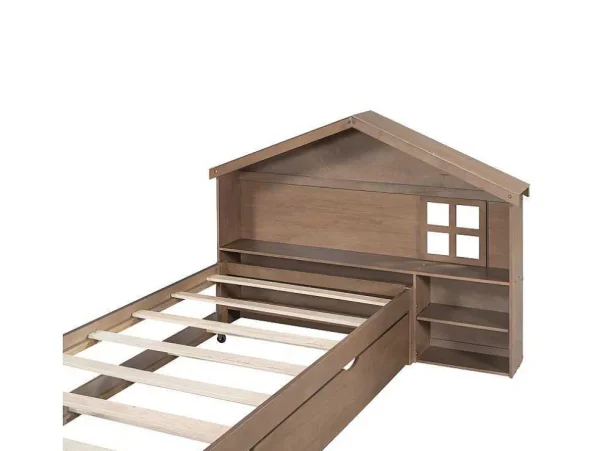 New Onderschuifbed Voor Kinderen - 90X200Cm - Hoofdeinde In Huisvorm - Massief Hout - Bruin Bed Met Slaaplade