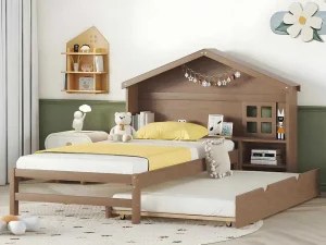 New Onderschuifbed Voor Kinderen - 90X200Cm - Hoofdeinde In Huisvorm - Massief Hout - Bruin Bed Met Slaaplade
