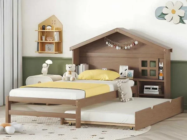 New Onderschuifbed Voor Kinderen - 90X200Cm - Hoofdeinde In Huisvorm - Massief Hout - Bruin Bed Met Slaaplade