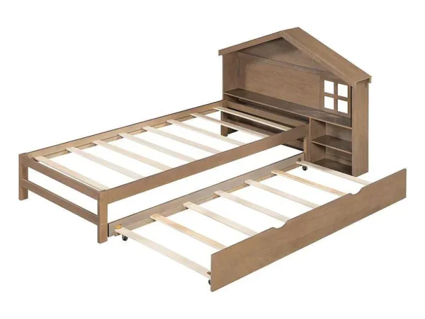 New Onderschuifbed Voor Kinderen - 90X200Cm - Hoofdeinde In Huisvorm - Massief Hout - Bruin Bed Met Slaaplade
