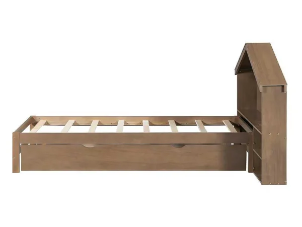 New Onderschuifbed Voor Kinderen - 90X200Cm - Hoofdeinde In Huisvorm - Massief Hout - Bruin Bed Met Slaaplade