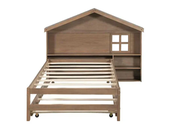 New Onderschuifbed Voor Kinderen - 90X200Cm - Hoofdeinde In Huisvorm - Massief Hout - Bruin Bed Met Slaaplade