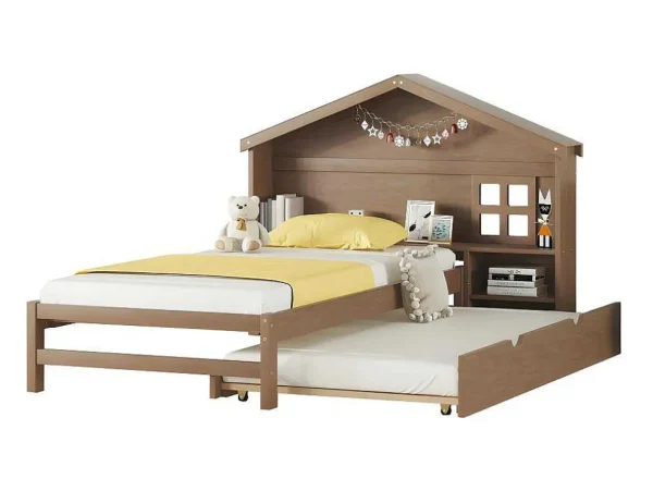 New Onderschuifbed Voor Kinderen - 90X200Cm - Hoofdeinde In Huisvorm - Massief Hout - Bruin Bed Met Slaaplade