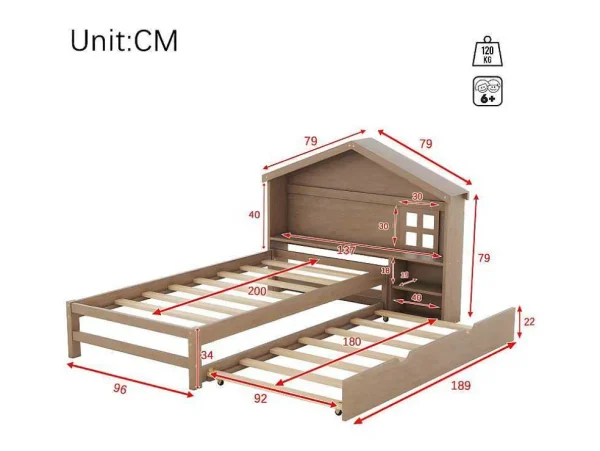 New Onderschuifbed Voor Kinderen - 90X200Cm - Hoofdeinde In Huisvorm - Massief Hout - Bruin Bed Met Slaaplade
