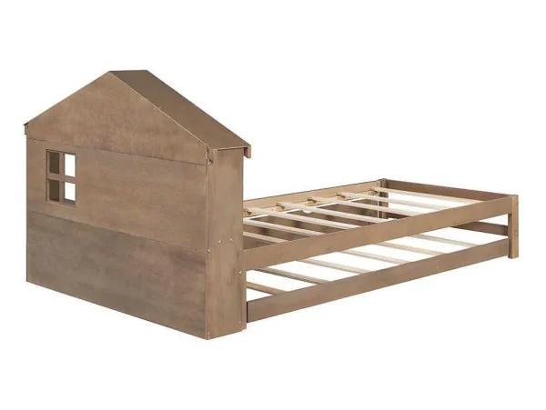 New Onderschuifbed Voor Kinderen - 90X200Cm - Hoofdeinde In Huisvorm - Massief Hout - Bruin Bed Met Slaaplade