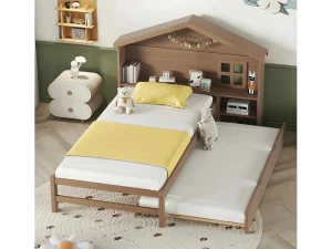 New Onderschuifbed Voor Kinderen - 90X200Cm - Hoofdeinde In Huisvorm - Massief Hout - Bruin Bed Met Slaaplade