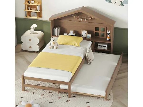 New Onderschuifbed Voor Kinderen - 90X200Cm - Hoofdeinde In Huisvorm - Massief Hout - Bruin Bed Met Slaaplade
