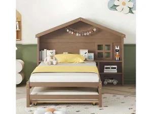 New Onderschuifbed Voor Kinderen - 90X200Cm - Hoofdeinde In Huisvorm - Massief Hout - Bruin Bed Met Slaaplade