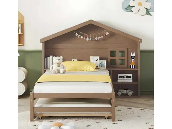 New Onderschuifbed Voor Kinderen - 90X200Cm - Hoofdeinde In Huisvorm - Massief Hout - Bruin Bed Met Slaaplade