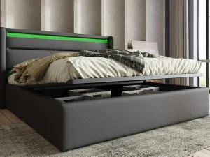 Best Sale Opbergbed 140X200Cm In Kunstleer Met Led + Lattenbodem - Grijs Aanbiedingen: Slaapkamer & Kantoor