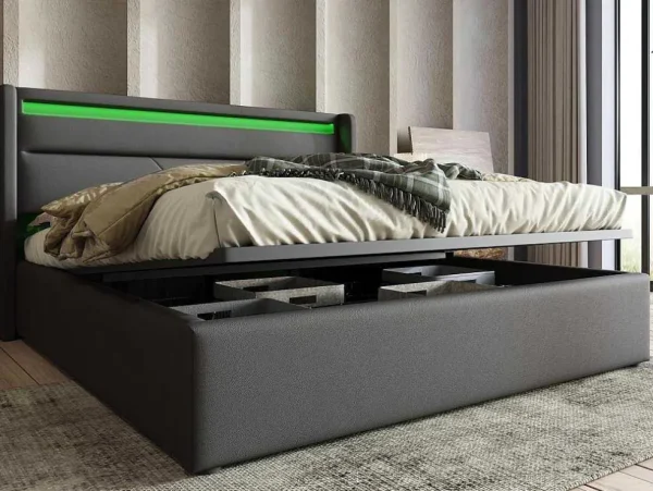 Best Sale Opbergbed 140X200Cm In Kunstleer Met Led + Lattenbodem - Grijs Aanbiedingen: Slaapkamer & Kantoor
