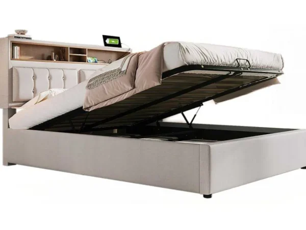 Clearance Opbergbed 160X200Cm In Linnenstof Met Usb-Poort - Verstelbaar Hoofdeinde En Lattenbodem - Beige Aanbiedingen: Slaapkamer & Kantoor