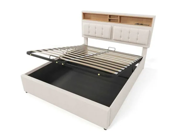 Clearance Opbergbed 160X200Cm In Linnenstof Met Usb-Poort - Verstelbaar Hoofdeinde En Lattenbodem - Beige Aanbiedingen: Slaapkamer & Kantoor