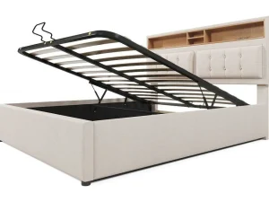 Clearance Opbergbed 160X200Cm In Linnenstof Met Usb-Poort - Verstelbaar Hoofdeinde En Lattenbodem - Beige Aanbiedingen: Slaapkamer & Kantoor