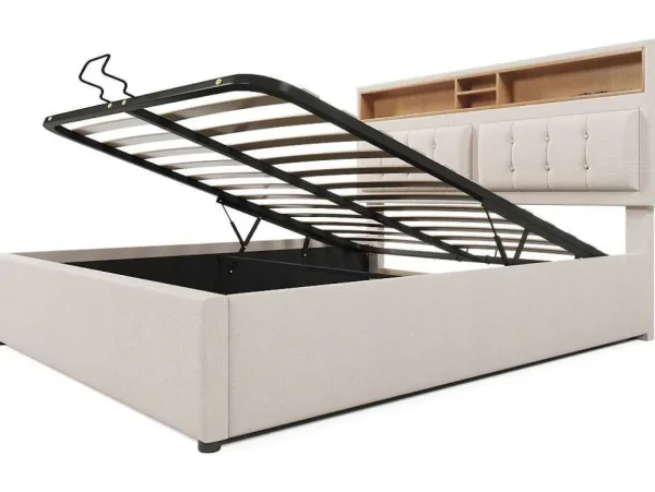 Clearance Opbergbed 160X200Cm In Linnenstof Met Usb-Poort - Verstelbaar Hoofdeinde En Lattenbodem - Beige Aanbiedingen: Slaapkamer & Kantoor