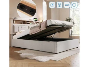Clearance Opbergbed 160X200Cm In Linnenstof Met Usb-Poort - Verstelbaar Hoofdeinde En Lattenbodem - Beige Aanbiedingen: Slaapkamer & Kantoor