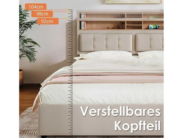 Clearance Opbergbed 160X200Cm In Linnenstof Met Usb-Poort - Verstelbaar Hoofdeinde En Lattenbodem - Beige Aanbiedingen: Slaapkamer & Kantoor