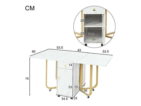 Cheap Opklapbare Eettafel Op Wielen - Met Opbergruimte - Wit & Goud Eettafel