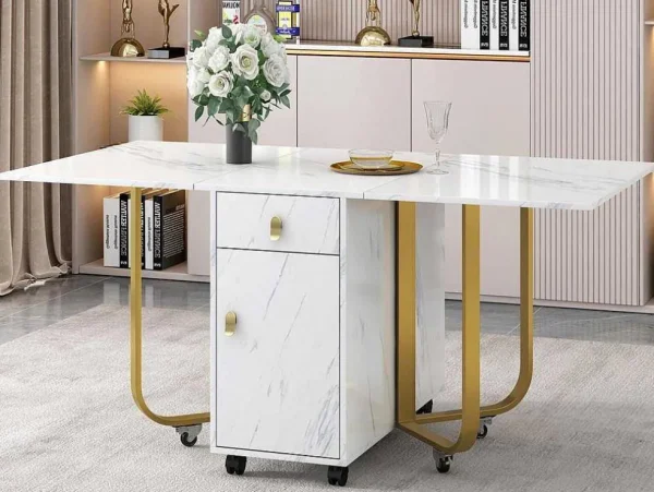 Cheap Opklapbare Eettafel Op Wielen - Met Opbergruimte - Wit & Goud Eettafel