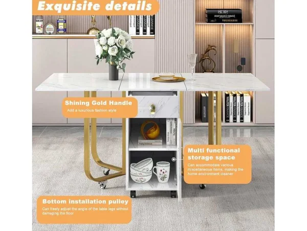Cheap Opklapbare Eettafel Op Wielen - Met Opbergruimte - Wit & Goud Eettafel