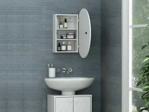 Best Ovaal Badkamermeubel Met Spiegel Ruri - Wit Muurkast Badkamer