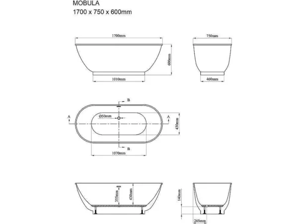 Best Sale Ovalen Vrijstaand Bad - 240 L - 170 X 75 X 60 Cm - Wit - Acryl - Mobula Vrijstaand Bad