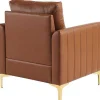 Outlet Pu Lederen Fauteuil Met Kussen - Metalen Poten - Bruin Fauteuil Kunstleer