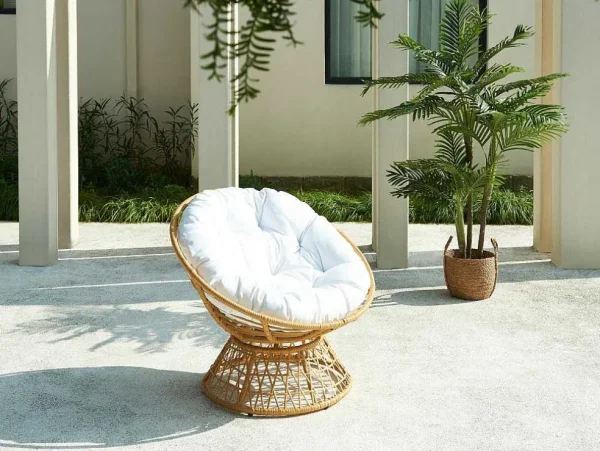 Best Ronde Draaifauteuil Van Gevlochten Hars - Licht Naturel Met Wit Kussen - Syndra Van Fauteuil