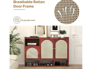 New Rotan Opbergmeubel - 3 Gebogen Rotan Deuren En 4 Open Opbergruimtes - Bruin Schoenenkast