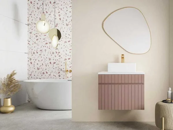 Discount Roze Gestreept Hangmeubel Voor Badkamer Met Wastafel Om Erop Te Plaatsen - 60 Cm - Satara Badkamermeubel Met Enkele Wastafel