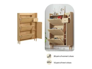 Shop Schoenenkast In Hout En Rotan - 3 Klepdeuren En 1 Lade - Verstelbare Plank - Naturel Schoenenkast