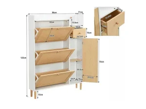 Outlet Schoenenkast In Hout En Rotan - 3 Klepdeuren En 1 Lade - Verstelbare Plank - Naturel & Wit Schoenenkast