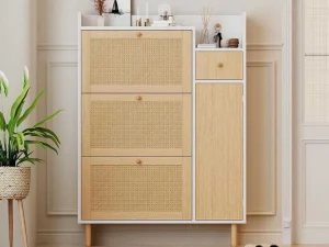 Outlet Schoenenkast In Hout En Rotan - 3 Klepdeuren En 1 Lade - Verstelbare Plank - Naturel & Wit Schoenenkast