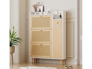 New Schoenenkast Met 3 Klepdeuren En 1 Lade Afmeting 90L X 17B X 125H Cm Houtlook Rotan Rieteffect Kleur Wit + Eiken Schoenenkast