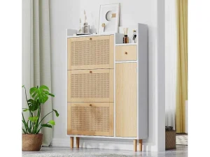 New Schoenenkast Met 3 Klepdeuren En 1 Lade Afmeting 90L X 17B X 125H Cm Houtlook Rotan Rieteffect Kleur Wit + Eiken Schoenenkast