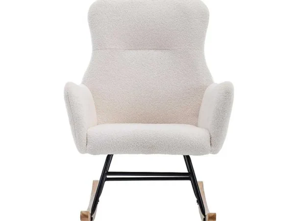 Sale Schommelstoel - Relaxstoel Voor In De Woonkamer - Opgevuld Met Teddypluche - Vakjes Aan De Zijkant Van De Armleuningen - Houten Onderstel - Wit Fauteuil Stof