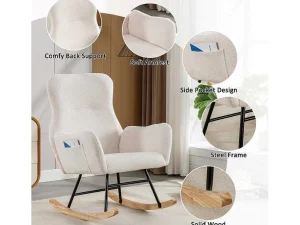 Sale Schommelstoel - Relaxstoel Voor In De Woonkamer - Opgevuld Met Teddypluche - Vakjes Aan De Zijkant Van De Armleuningen - Houten Onderstel - Wit Fauteuil Stof