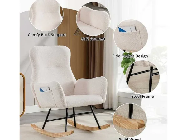 Sale Schommelstoel - Relaxstoel Voor In De Woonkamer - Opgevuld Met Teddypluche - Vakjes Aan De Zijkant Van De Armleuningen - Houten Onderstel - Wit Fauteuil Stof