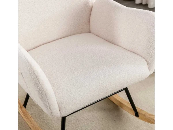 Sale Schommelstoel - Relaxstoel Voor In De Woonkamer - Opgevuld Met Teddypluche - Vakjes Aan De Zijkant Van De Armleuningen - Houten Onderstel - Wit Fauteuil Stof