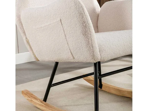 Sale Schommelstoel - Relaxstoel Voor In De Woonkamer - Opgevuld Met Teddypluche - Vakjes Aan De Zijkant Van De Armleuningen - Houten Onderstel - Wit Fauteuil Stof