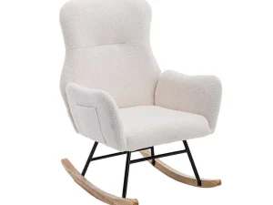 Sale Schommelstoel - Relaxstoel Voor In De Woonkamer - Opgevuld Met Teddypluche - Vakjes Aan De Zijkant Van De Armleuningen - Houten Onderstel - Wit Fauteuil Stof