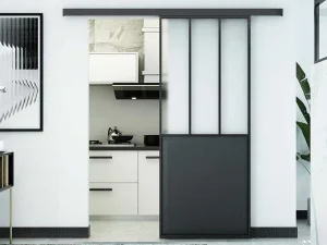 Discount Schuifdeur Werkplaatsstijl - Zwart En Mat Gehard Glas - H205 X B73 Cm - Artisto Schuifdeur