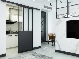Discount Schuifdeur Werkplaatsstijl - Zwart En Mat Gehard Glas - H205 X B73 Cm - Artisto Schuifdeur