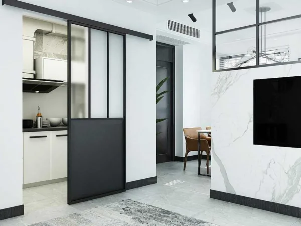 Discount Schuifdeur Werkplaatsstijl - Zwart En Mat Gehard Glas - H205 X B73 Cm - Artisto Schuifdeur